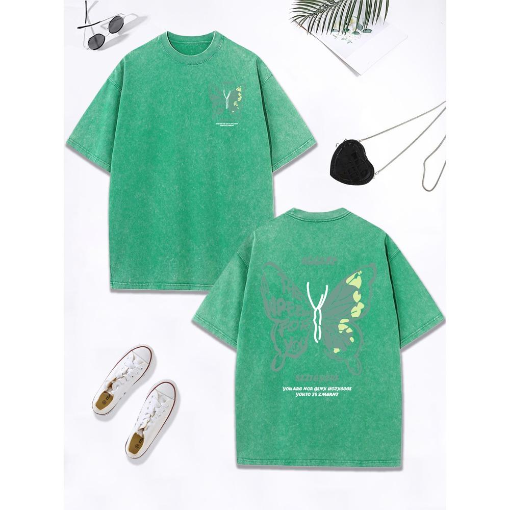 Personality Hollow Out Butterfly Prints Washed T-Shirts Women Cotton Oversized Tops Distressed T Shirt Summer Clothes