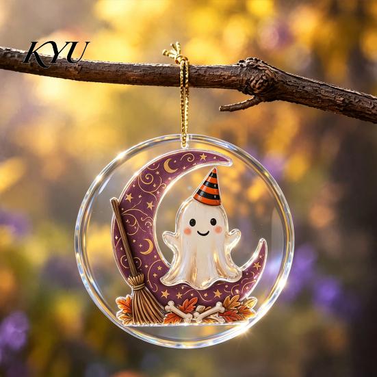 Christmas Tree Ornaments Halloween Ghost Hanging Ornament, Double Side 2D Acrylic Black Cat Bat Skull Festive Home Decor Pendant for Door Window,