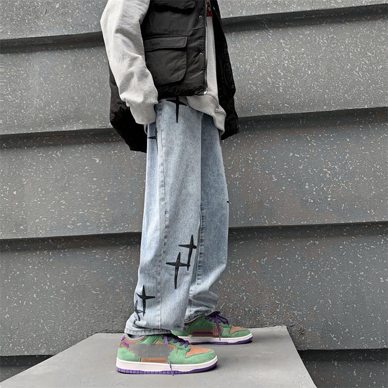 Jaro a Podzim Nové Trendy High Street Křížová Nášivka Vyšívané Volné Džíny Hip-hop Rovné Ležérní Kalhoty Pánské Velká Velikost