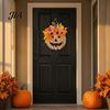 Festival Seasonal Ornament for Kitchen Wooden Pumpkin Halloween Door Sign with LED Lights, Artificial Floral Hanging Decorative Pinecones Fireplace
