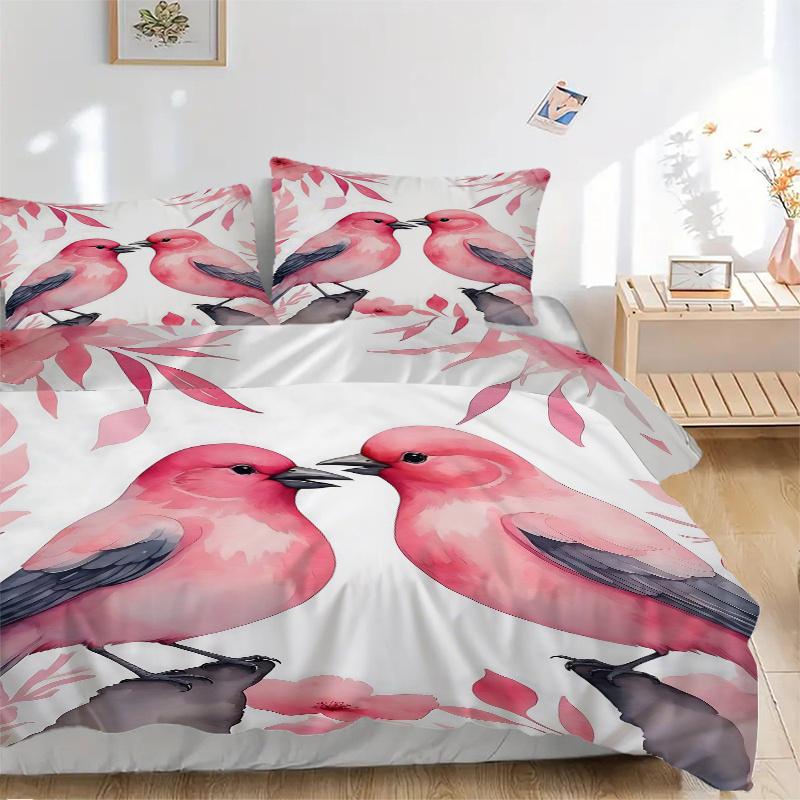 3pcs Two Pink Birds in Love Bedding Set, Including 1 Quilt Cover and 2 Pillow Shams, Without Filling, Soft and Comfortable Home Bedroom Fabric
