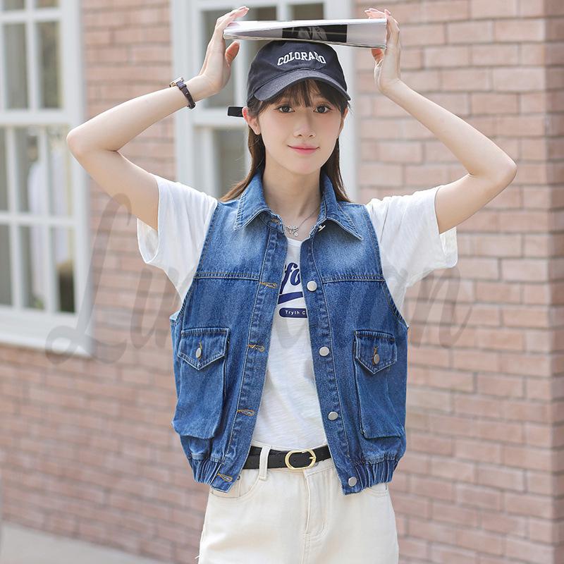 Trendy Korean-Style Blue Distressed Denim Vest for Women Medium синий