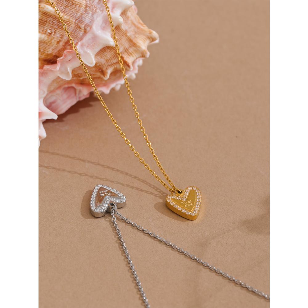 Yhpup Exquisite Stainless Steel Zircon Heart Love “Tu es aime” Wish Lucky Happily Pendant Necklace Women Fashion Jewelry Gift