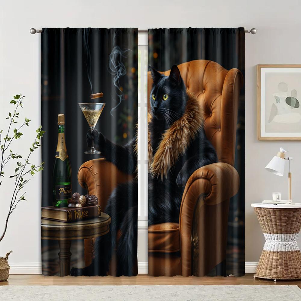 

2 pcs, filtering curtains (excluding rods, non-movable, without batteries) Chic Noir Cat for use in bedrooms and living rooms 29x65in(75x166cm)