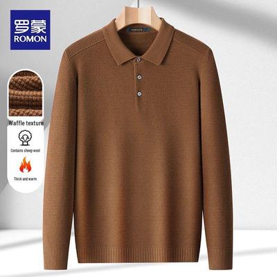 Men's Waffle Knit Wool Blend Long Sleeve Polo Sweater