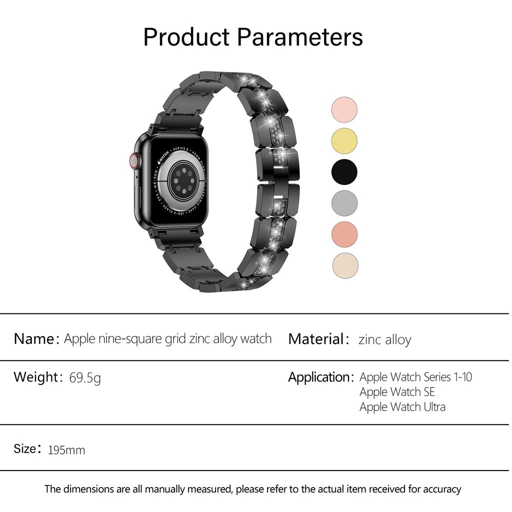 KALEBOL Rhinestone Watch Band for Apple Watch Series 11 10 42mm/9 8 7 41mm/SE3 SE2 SE 6 5 4 40mm/3 2 1 38mm Grid Block Zinc Alloy Strap