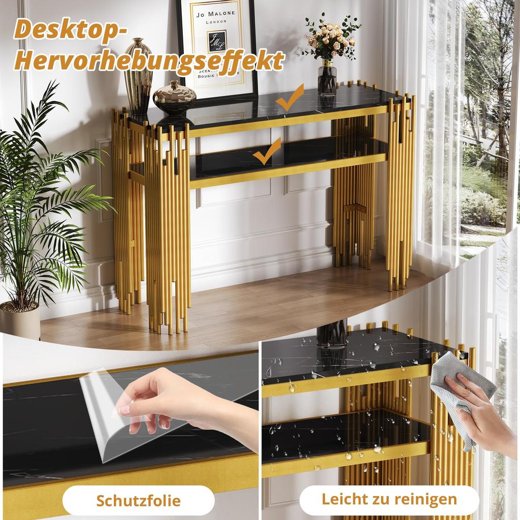 Console Table Two-tier Open Shelves, Small Narrow Sofa Table Living Room, Entrance, Hallway, Stable Metal Frame, 124cm, Black & Gold