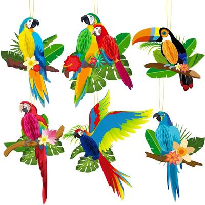 Lot de 6 décorations de fête en forme d'oiseaux tropicaux, fournitures de fête hawaïennes, découpes en nid d'abeille pour perroquet en papier, pendentif pour bar Tiki, Luau, décoration de fête dans la forêt tropicale