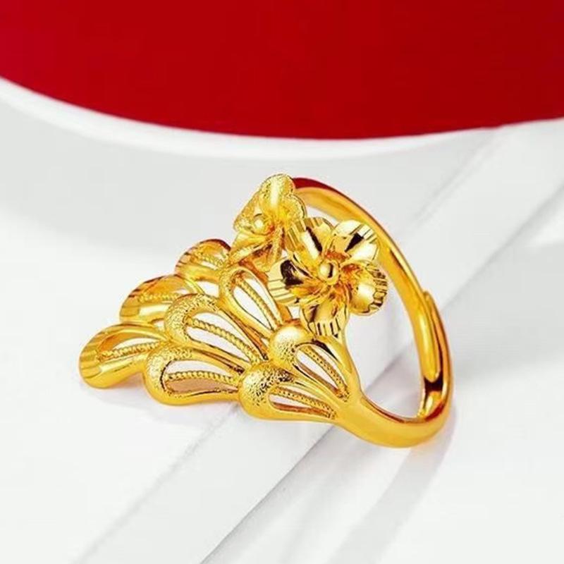 Gold-Plated Brass Phoenix Tail Ring – Openwork Peacock Design for Women