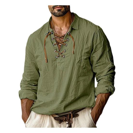 Fall Spring Men Shirt Lace-up Strap V Neck Long Sleeves Pure Color Pullover Loose Vintage Casual