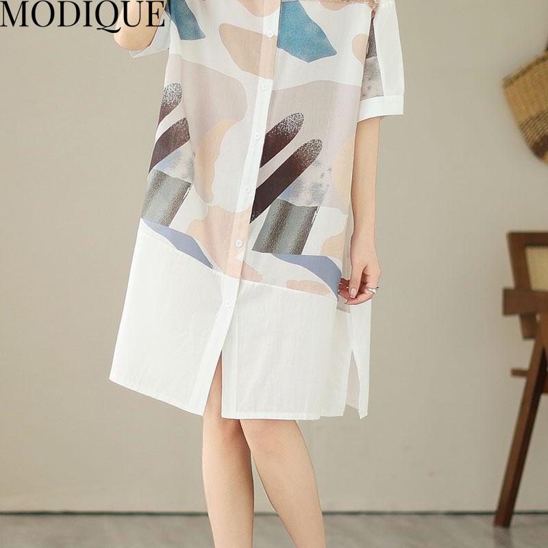 MODIQUE Summer Plus Size Women Cotton Linen Spliced Blouse Shirts Printing Summer Office Lady Coats Oversize Buttons