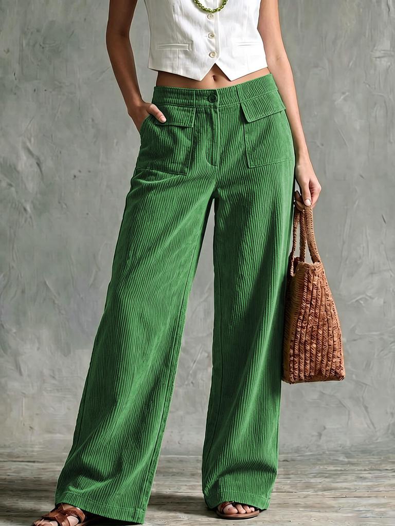 Autumn and winter retro corduroy wide-leg pants women's trousers high waist double pockets straight casual pants