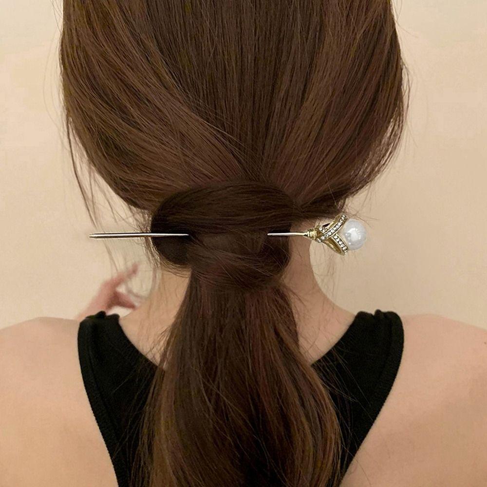 Silver Rhinestone Hair Stick Metal Pearl Hairpin Classical   Hairstyle Design Tool