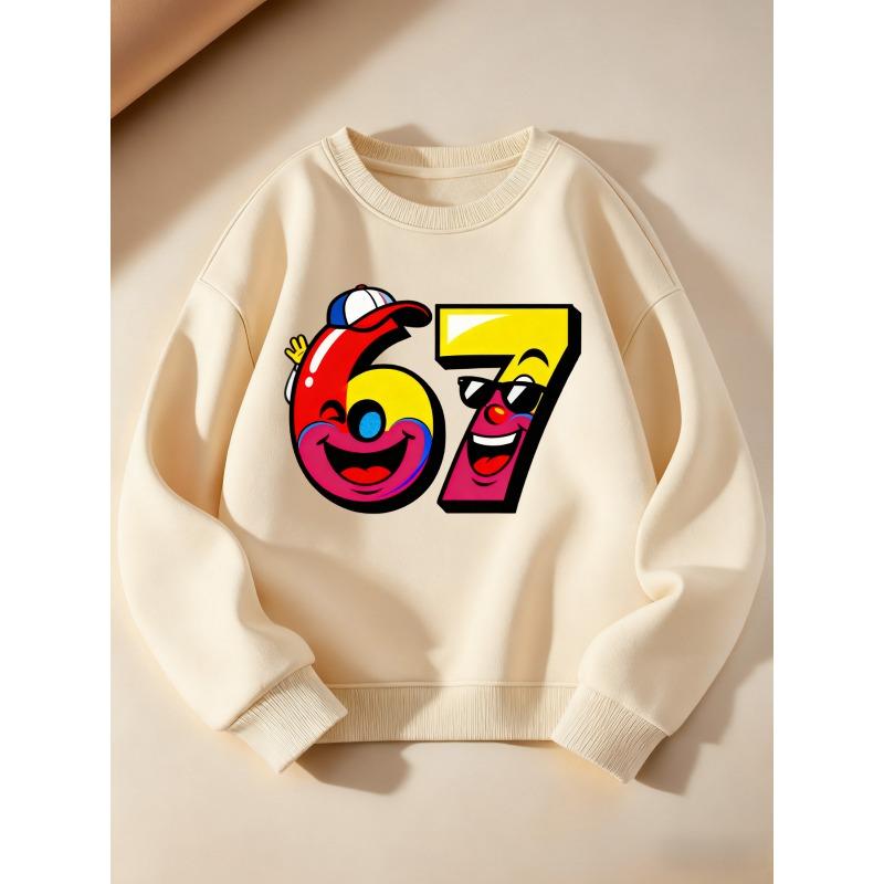 Birthday Kids Sweatshirt Over 4Y Unisex Boys Girls Cute Cartoon Face Number 67 Crewneck Soft Fleece Long Sleeve Pullover For 4-12 Years Old Children