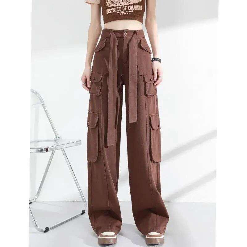 Women s Pink High-Waisted Wide-Leg Cargo Jeans with a Spicy American Retro Style M