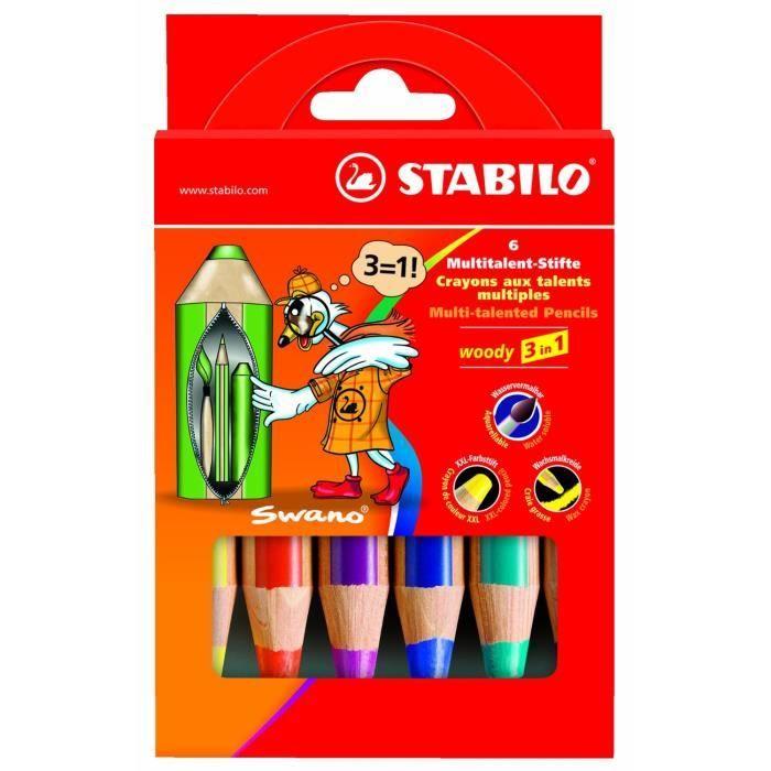 Crayon De Couleur - WOODY - 3 En 1 - Etui De 6 - Mine Douce Et Pigmentée - Lavable Et Indestructible