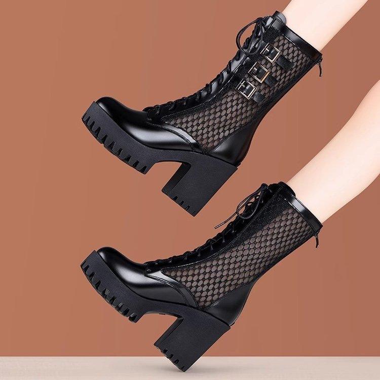 Damen Sommer Netz-Kniehohe Stiefel Weiches Leder Schnürung Plateau Klobiger Absatz Atmungsaktive Sandalenstiefel