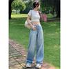2025 Summer New Arrival Loose Straight-leg Denim Women's Small American Retro Washed Easiest for Match Drooping Wide-Leg Pants
