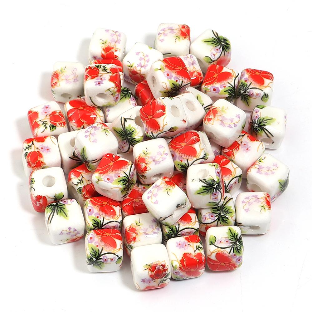 20pcs 8mm Flower Patterns Square Ceramic Beads Big Hole Porcelain Loose Beads For Jewelry Making DIY Bracelets Necklace Findings