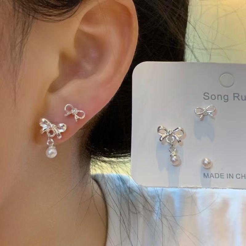 3 Pairs Silver Bow Pearl Stud Earrings Set Stud Earring Perfect For Daily Wear Dates Parties Women Jewelry Accessories