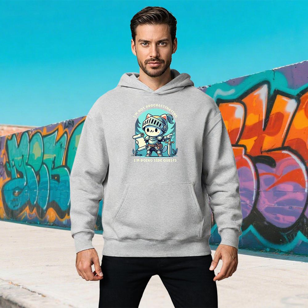 Men's Hoodie New Cute Cat Knight Print Sweatshirt Casual Loose Pullover Long Sleeve Streetwear Autumn Winter Outdoor Sports Tops