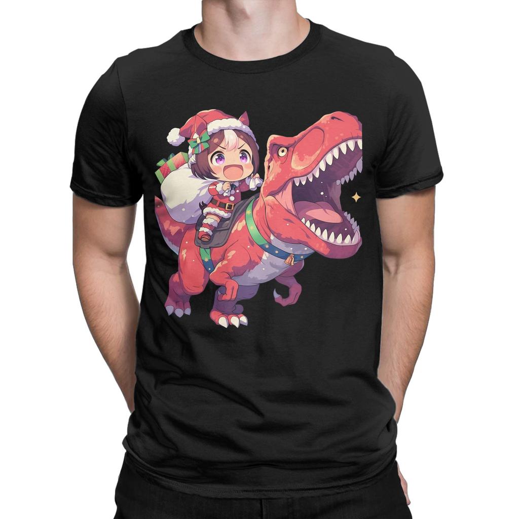 Special Week Santa Riding T-Rex T Shirt Men's  Cotton Casual T-Shirt Crewneck Uma Musume Pretty Derby Anime Tees Short Sleeve