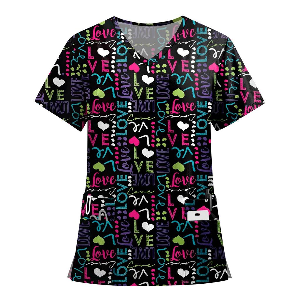 Women's Fashion Printed Short Sleeve V Neck Pattern Tops Pocket Working T-shirts
