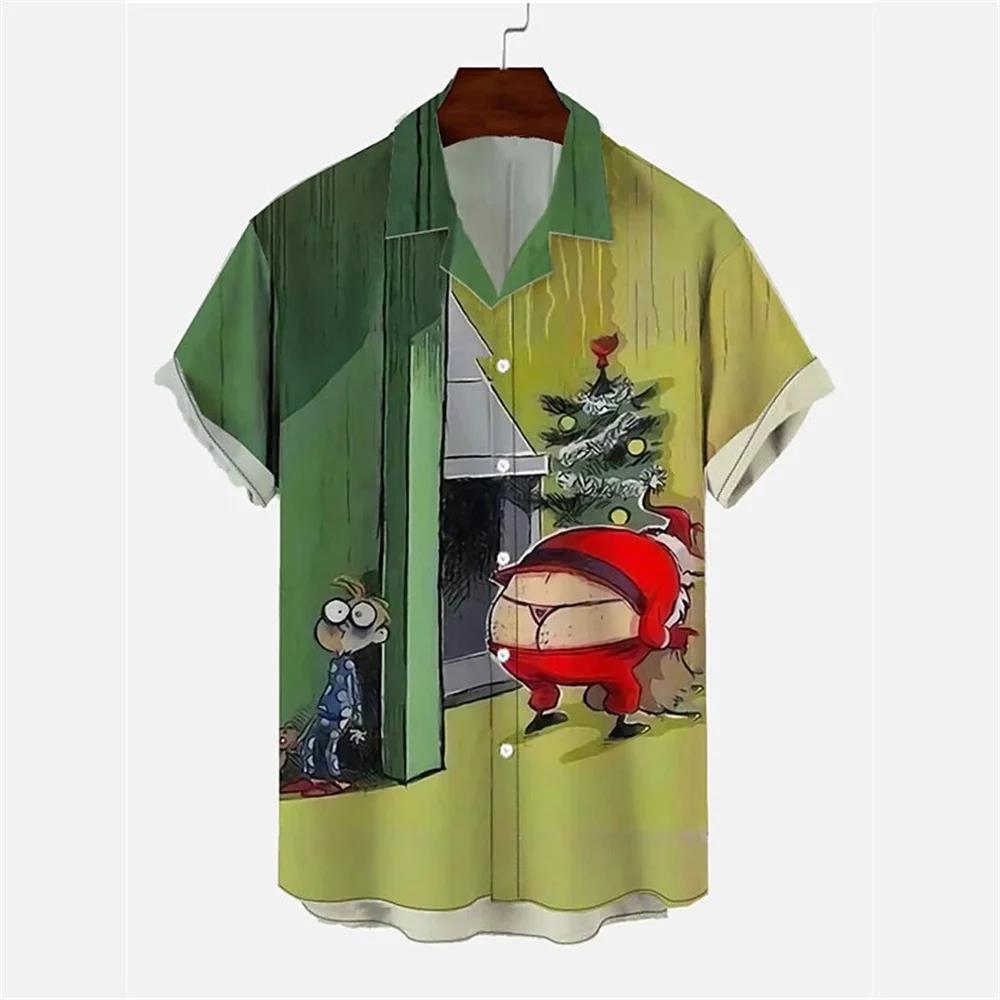 Men's New Year Party Shirt Christmas Snowman Print Button Lapel Casual Fashion Long Sleeve Top
