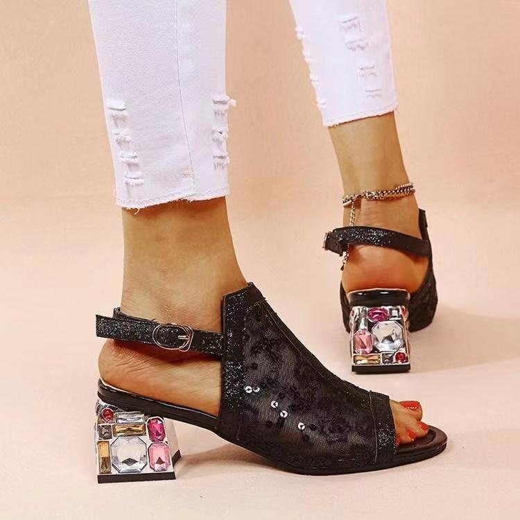 2025 New Women Summer Fashion Mid Heels Peep Toe Shoes for Women Glitter Sandals Ladies Buckle Strap Bling  Rhinestone Sandals
