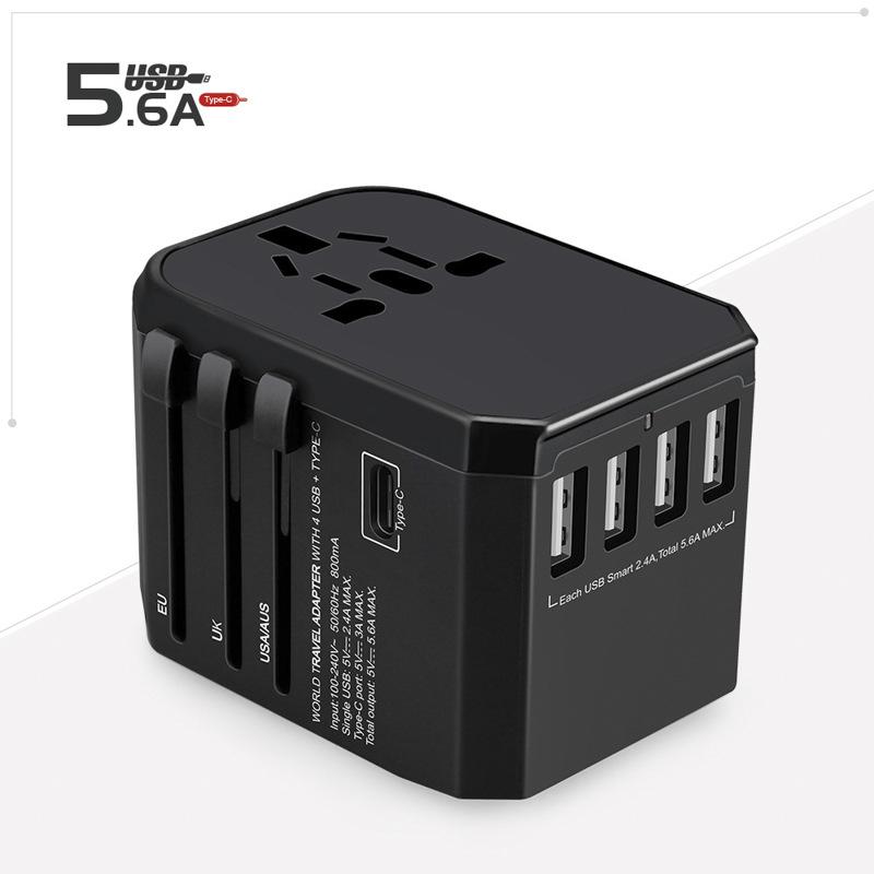 Multi-functional Global Travel Adapter with 4 USB & Type-C Ports - Compatible with US, EU, UK, AU