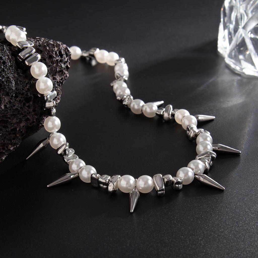 SHIXIN Punk Imitation Pearl Rivet Choker Necklace for Men Trendy Irregular Silver Color CCB Beaded Neck Chain Male Jewelry Gift