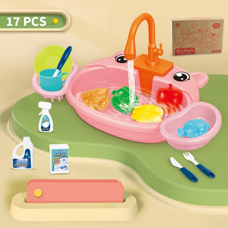 Play House Cartoon Simulation Kitchen Dishwashing Table Electric Faucet Cycle Out Water Parent-child Interaction Children's Toys