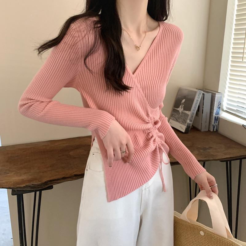 French Cross Slim Inside with Drawstring Knit Top Base for Women's Autumn/Winter Slimming V-neck Sweater Trend
