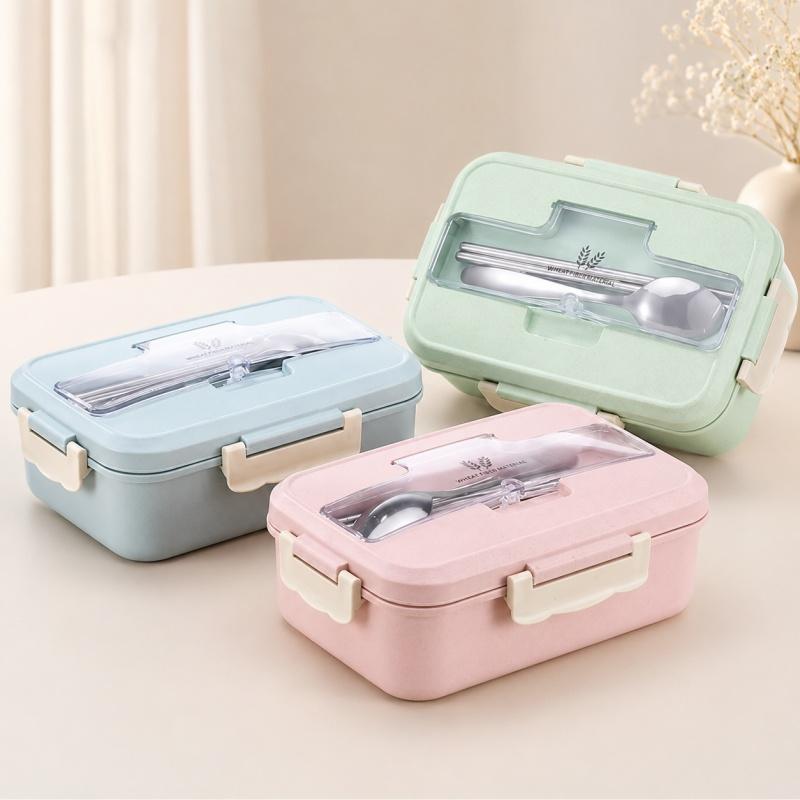 Wheat Straw Lunch Box Microwave‑Safe Portable Bento Box with Tableware Food Storage Container for Kids School Office