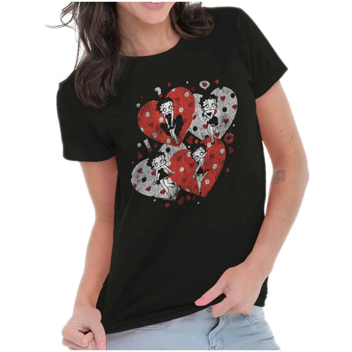 Betty Boop Retro Cartoon Polka Dot Hearts Womens Top Junior Graphic Tee M