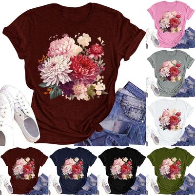 Dam Casual Rundhalsad T-shirt Topp med Blomtryck och Kort Ärm