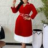 Solid-color Long-sleeved, Color-blocked Pleated A-line Dress for Women's Autumn and Winter