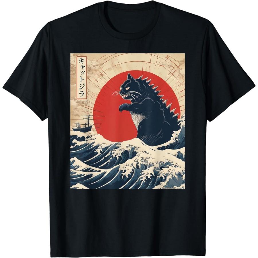 ZAANU Funny Cat Kaiju Japanese Sunset Vintage Catzilla Great Wave T-Shirt XXXXXL разноцветный