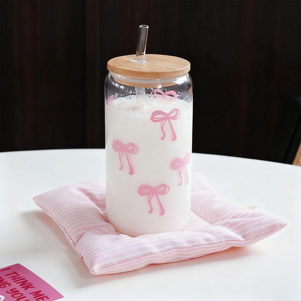 Cute 500ml Bow Glass Cups with Lids and Straw Drinkware Container Tumbler Cups Coffee Cups Kitchen Bar