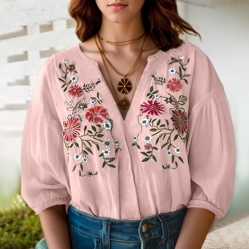 ZANZEA Women Summer V-Neck 3/4 Sleeve Loose Floral Embroidery Blouse