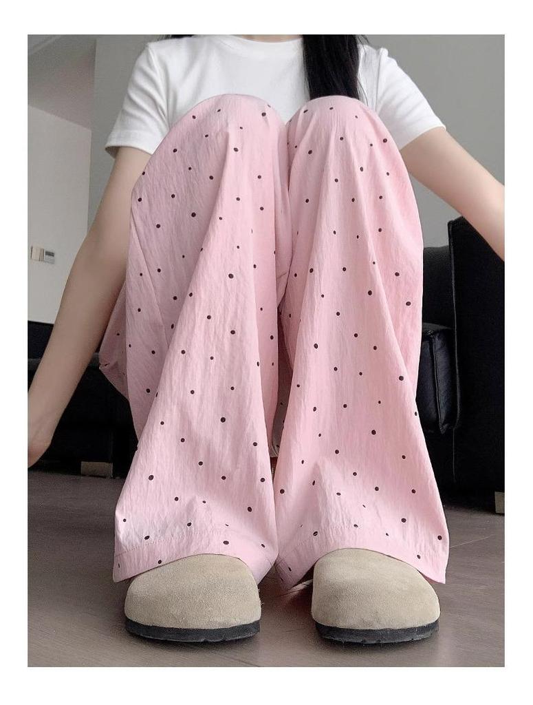 Petite High-Waisted Lazy Pink Polka Dot Summer Silk Pants