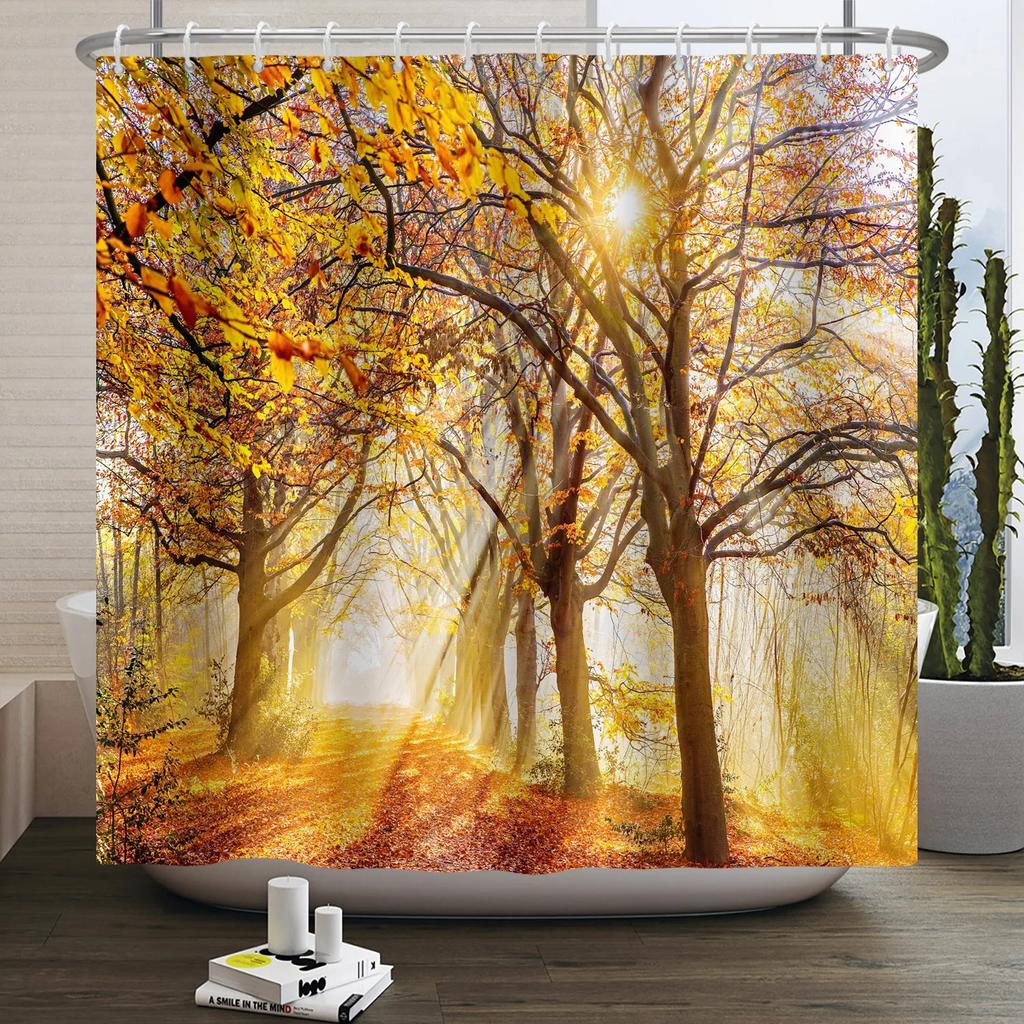 Fall Forest Natural Scene Shower Curtain for Bathroom Autumn Maple Tree Plants Rural Landscape Pumpkin Waterproof Shower Curtain