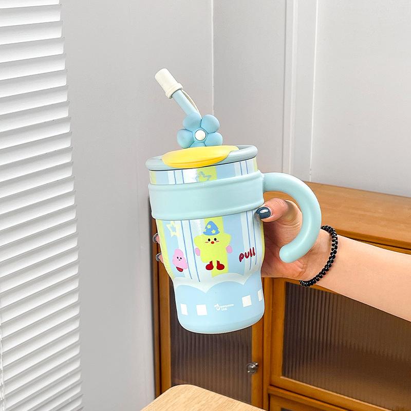 

700/1200Ml Stainless Steel Thermos Bottle Cute Ins Cat Straw Cup Large Capacity Water Bottle Car Outdoor Travel Coffee Mug Gift