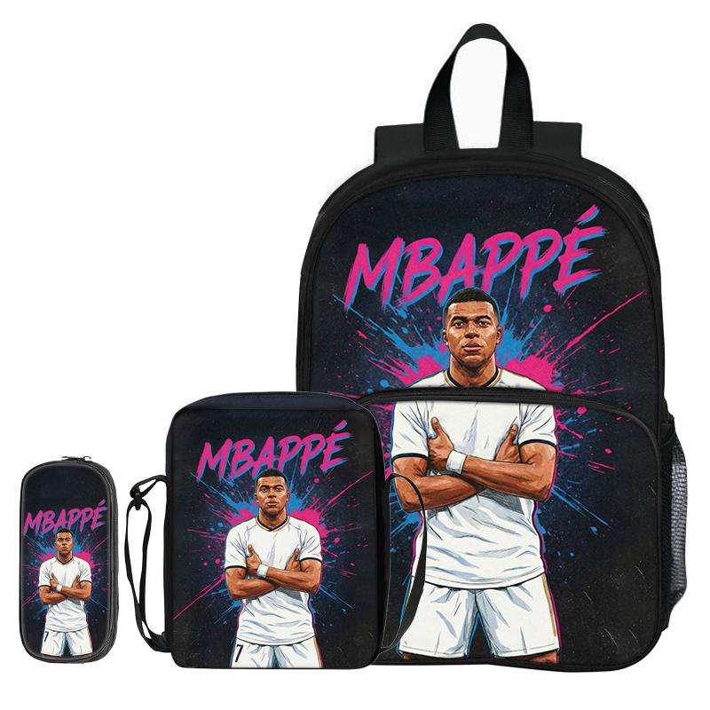 Barnryggsäck Axelväskor Pennfodral M-Mbappe 3-delat set med Fickor Framtill Ryggsäck Fotbollsstjärna Ryggsäck