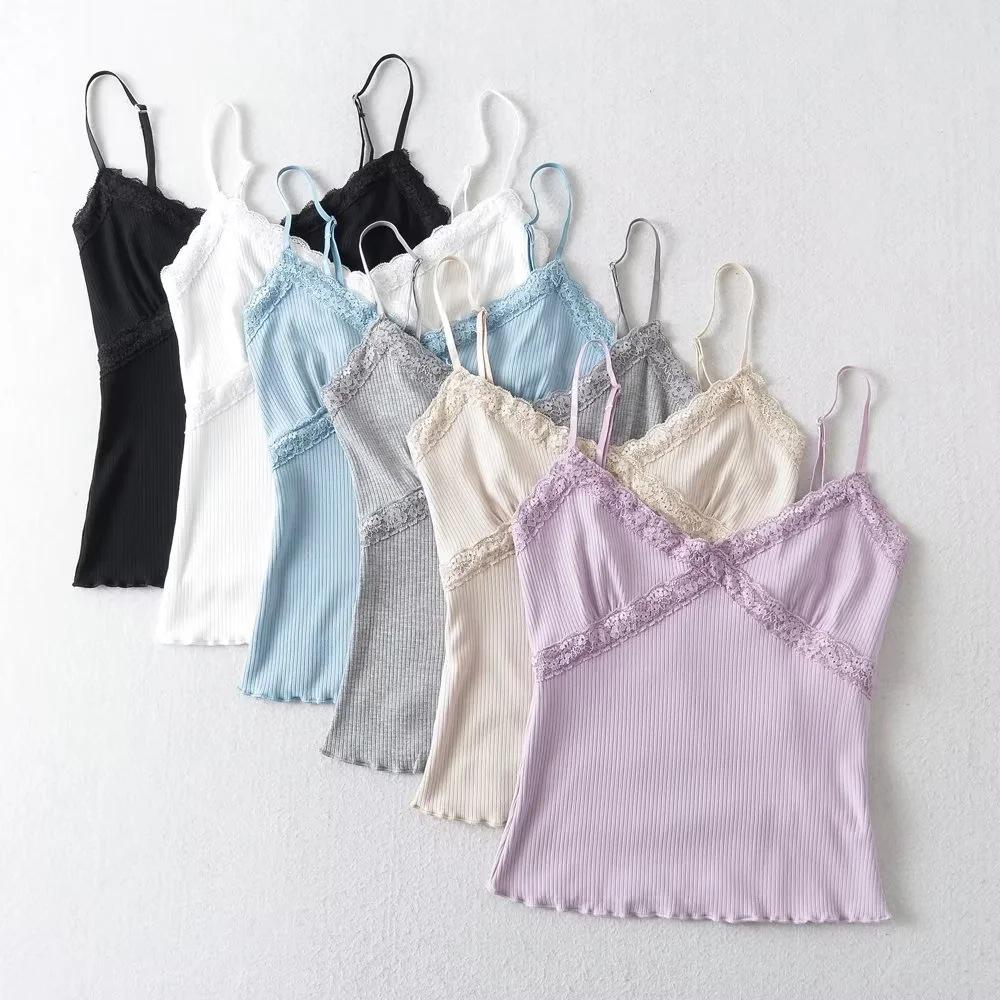 Summer 2023 Lace Trim V-Neck Stretchy Bodycon Camisole Tank Top for Women