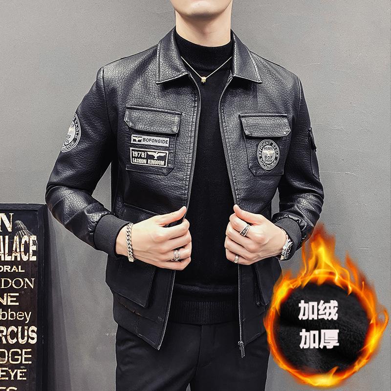 Autumn and winter baseball washed black multi-pocket casual zip lapel suit collar business youth leather jacket men's jacket