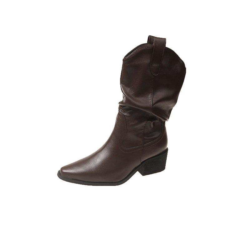 High Quality Women's Boots Autumn 2026 Fashion Pointed Mid-calf Chelsea Boot Pleated Leather Women Knee Boots Banquet Party