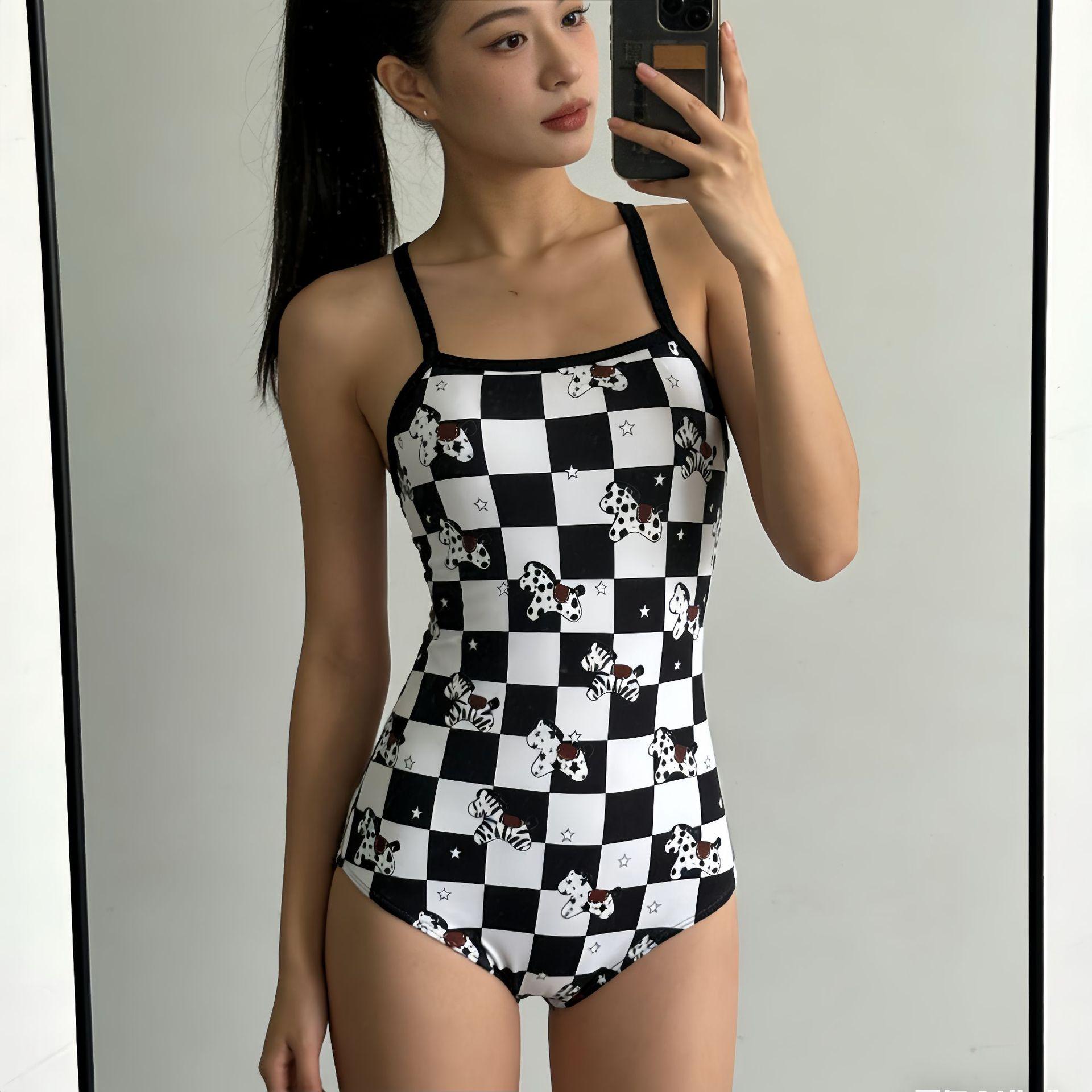 

Sexy one-piece swimsuit checkerboard pony racing slim swimming pool one-piece swimsuit s senior sense M