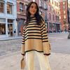 Women Fall Winter Turtleneck Long Sleeve Knit Striped Slit Loose Sweater