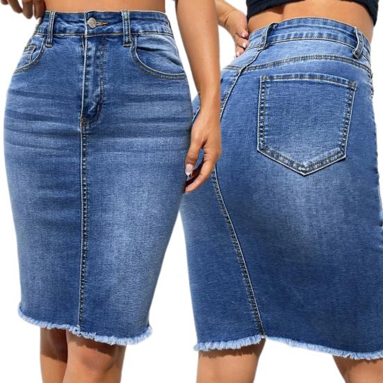 Women Denim Skirt High Waist Button Zipper Fly Multi Pockets Midi Skirt Solid Color Hip Wrapped Tassel Hem Washed Skirt